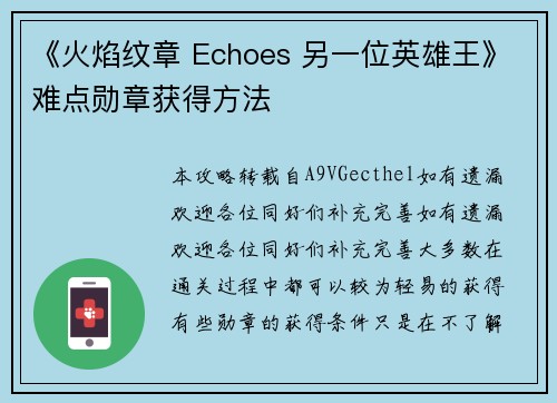 《火焰纹章 Echoes 另一位英雄王》难点勋章获得方法