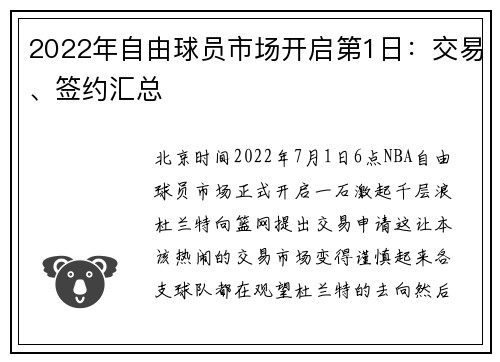 2022年自由球员市场开启第1日：交易、签约汇总