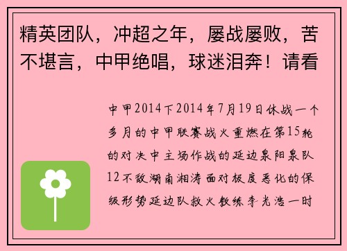 精英团队，冲超之年，屡战屡败，苦不堪言，中甲绝唱，球迷泪奔！请看延边职业足球风云录（连载27）