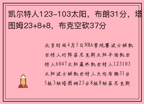 凯尔特人123-103太阳，布朗31分，塔图姆23+8+8，布克空砍37分